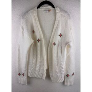 Hazel Moon Embroidered Cable‎ Knit Cardigan Sweater Womens L Vintage Cottagecore